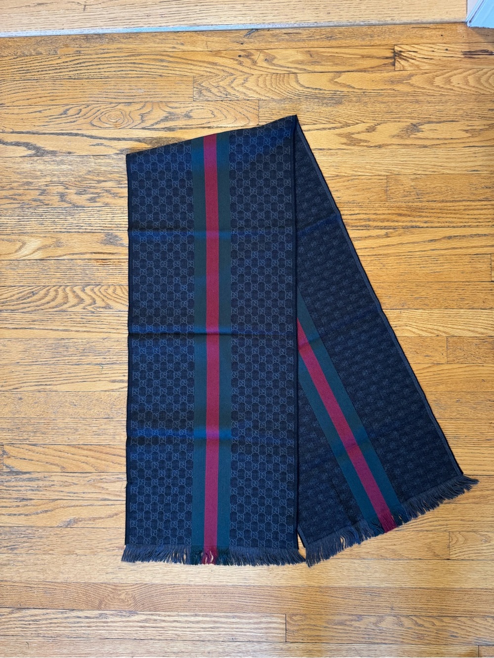 Gucci Navy Scarf with Red and Green Stripe